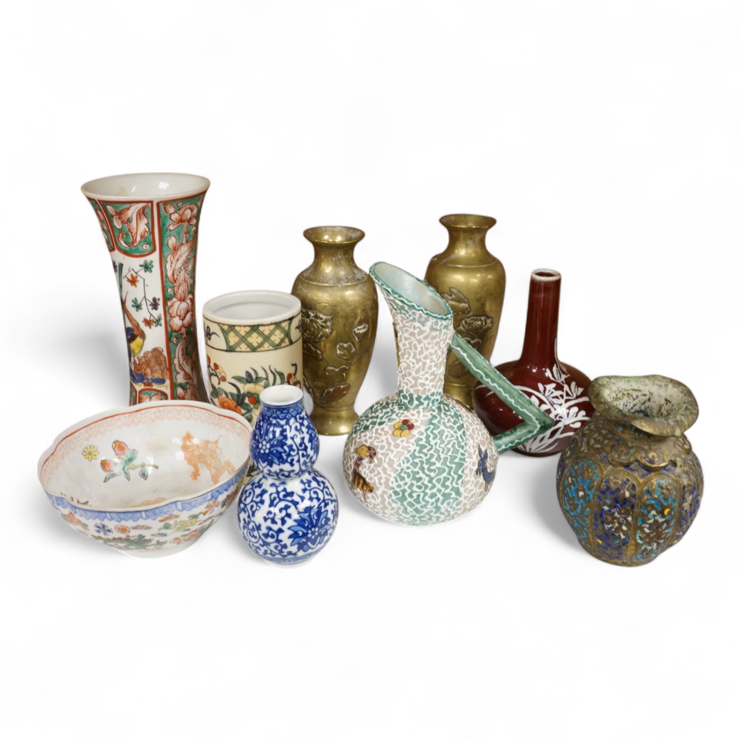 Chinese and Japanese items to include an early 20th century Chinese eggshell porcelain bowl and an enamelled bronze vase, largest 19cm high